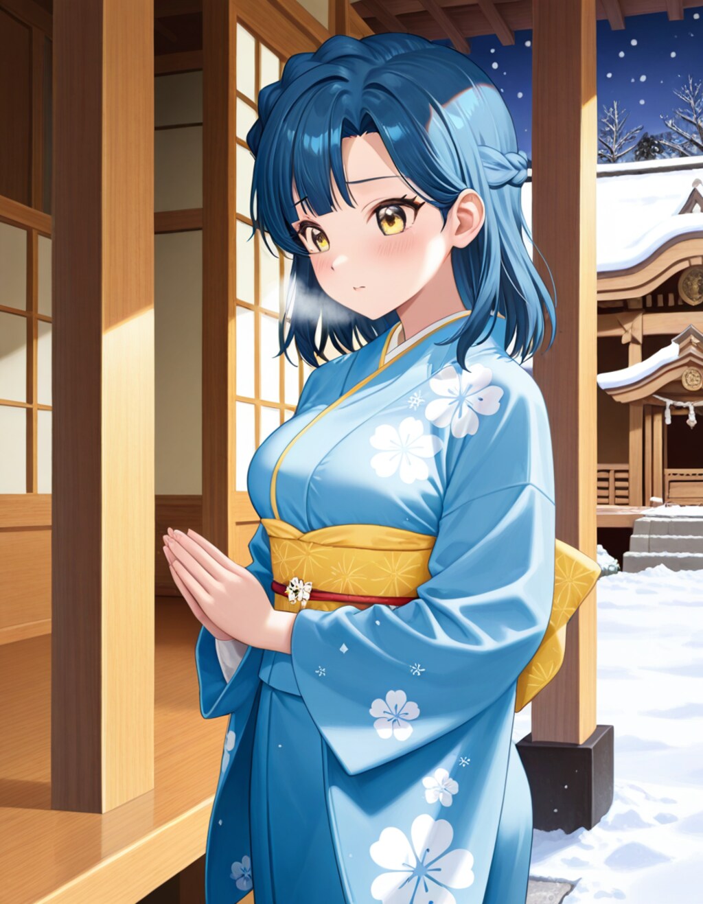 神社の前で祈る百合子(PixAI版)