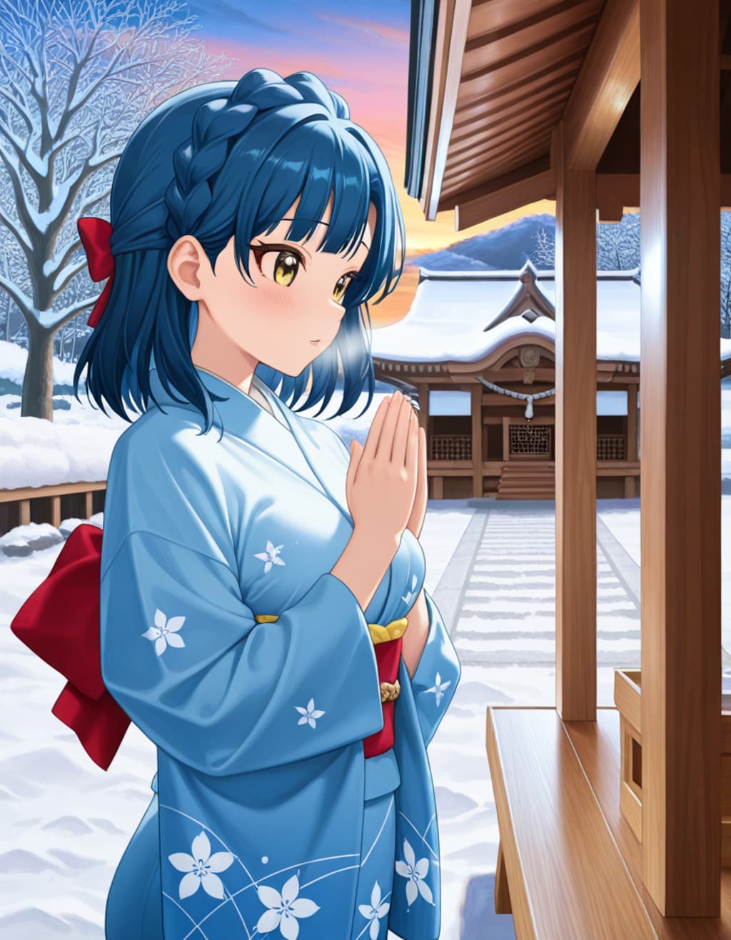 神社の前で祈る百合子(PixAI版)