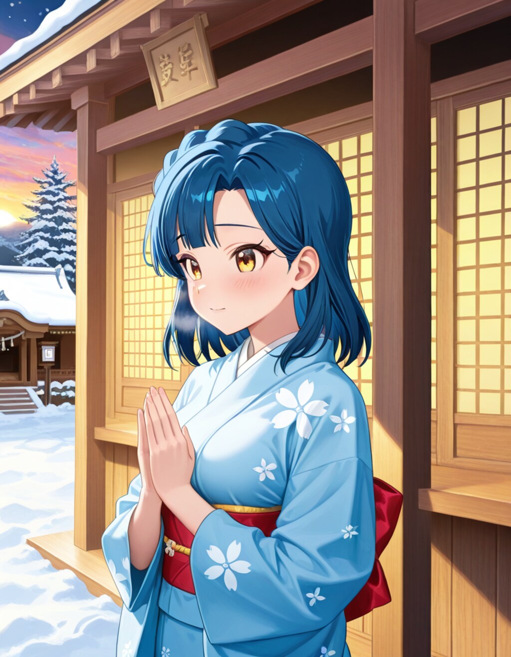 神社の前で祈る百合子(PixAI版)