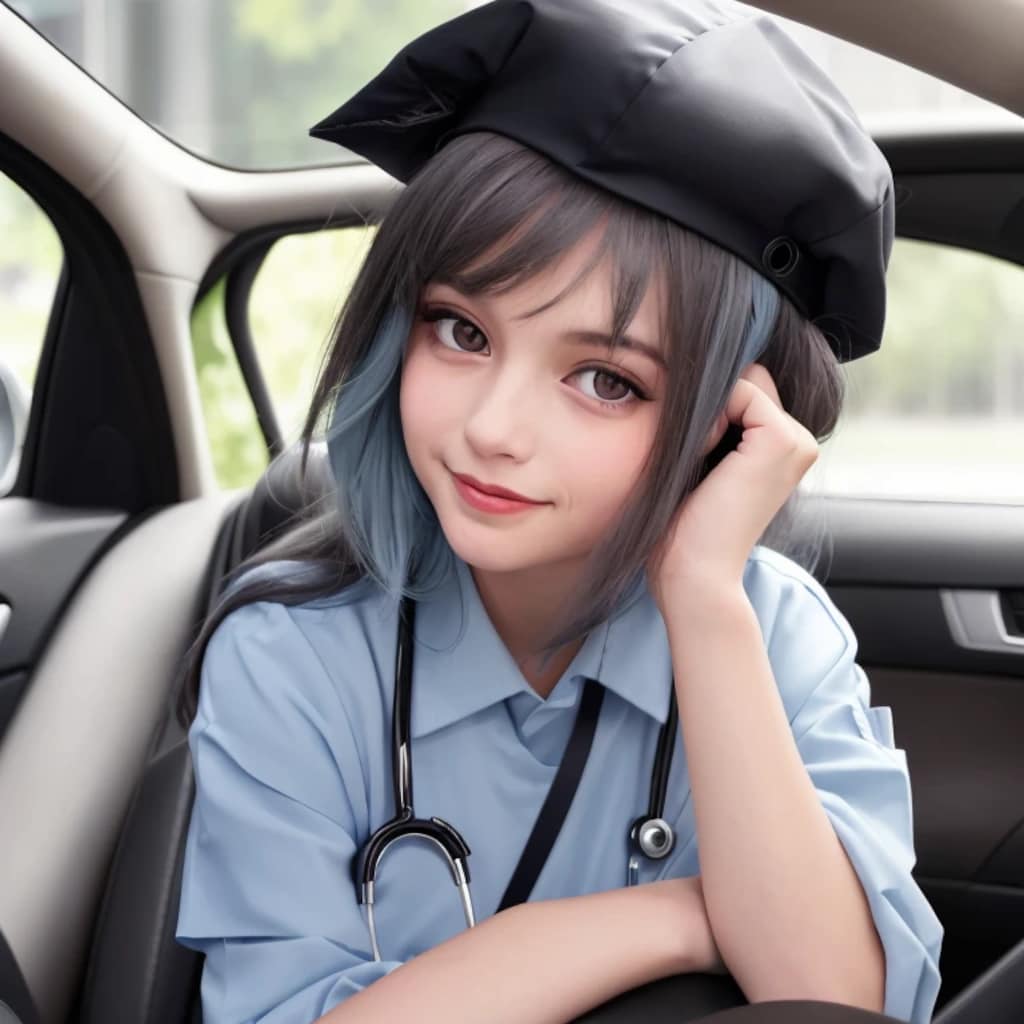 灰髪ロングで車内の美女