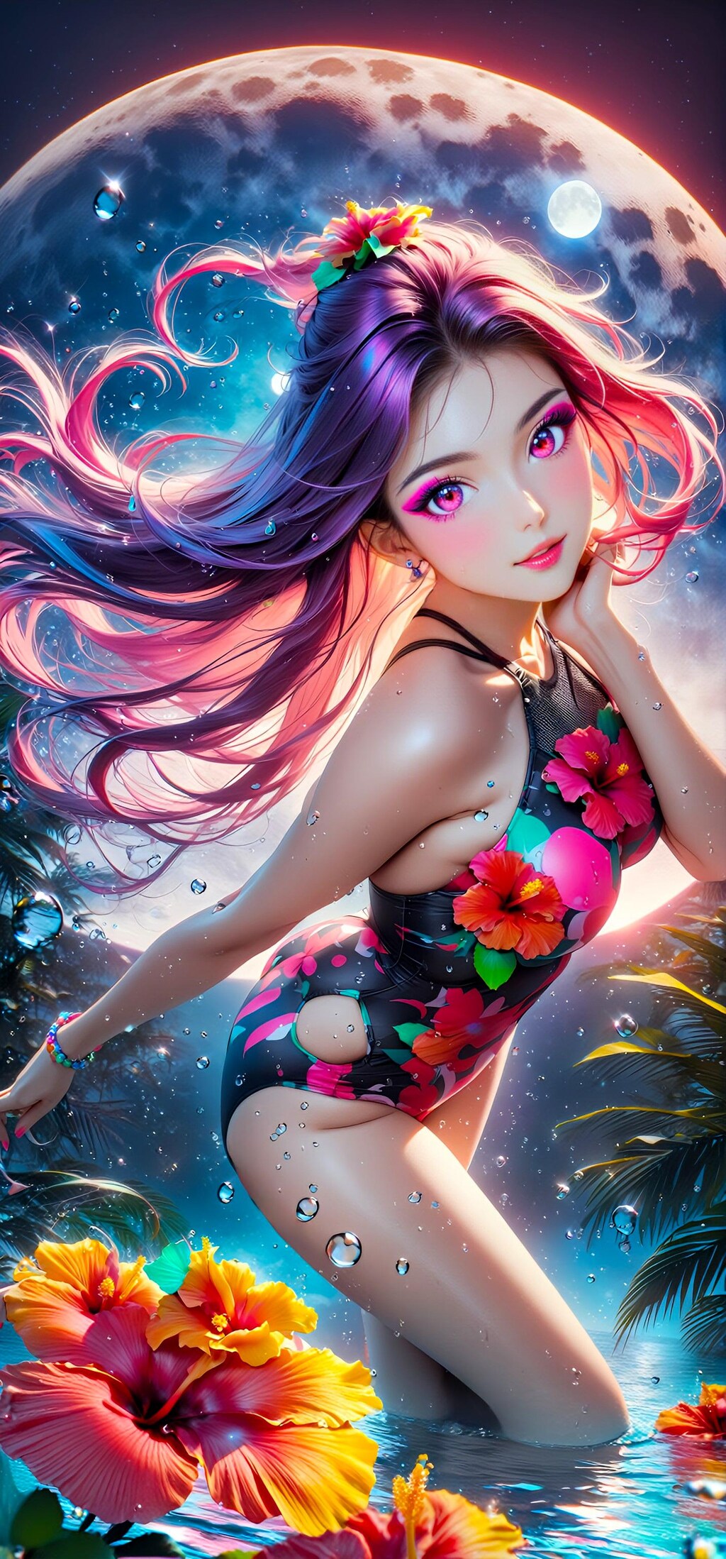 月とハイビスカスと少女