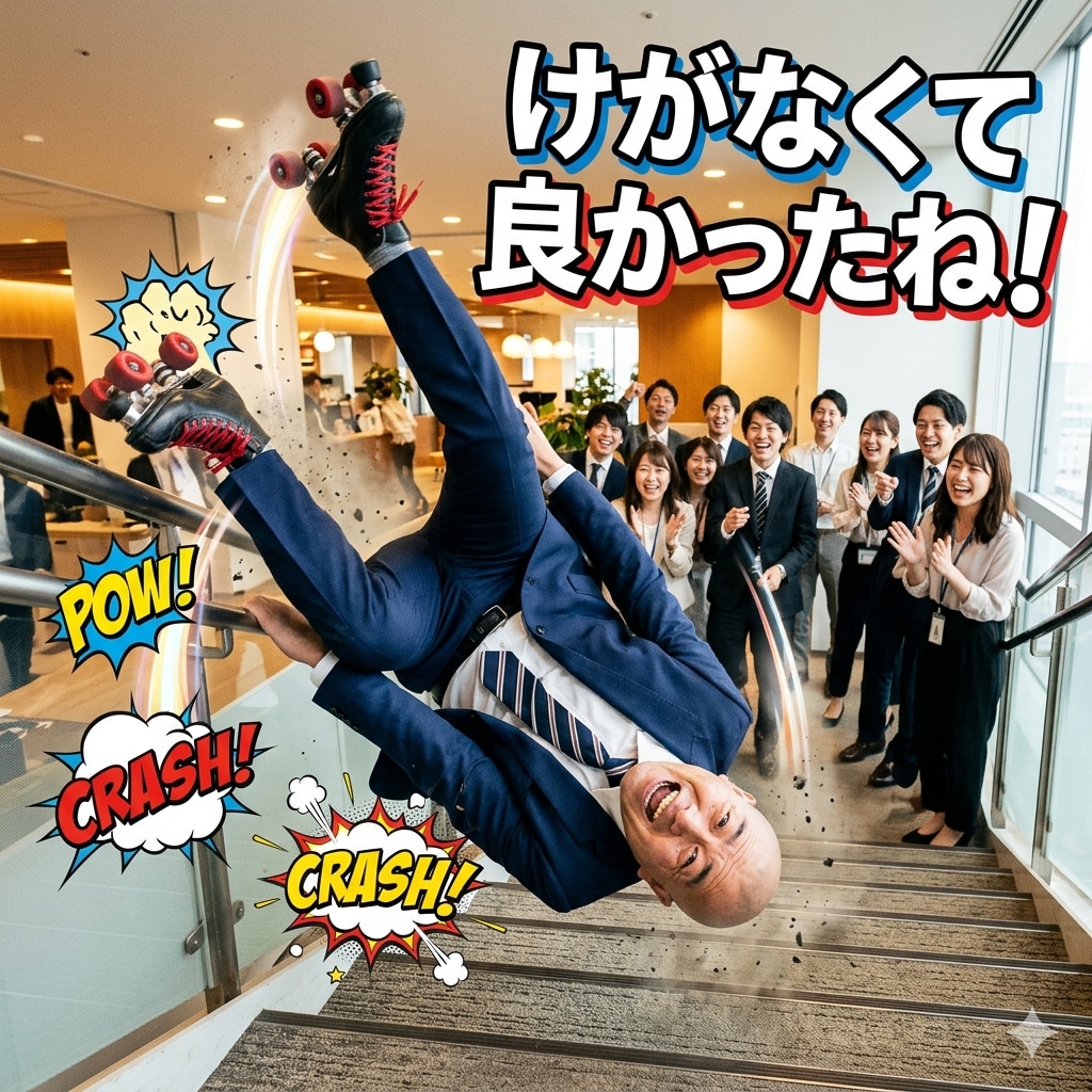 ローラースケートで転ぶハゲ部長