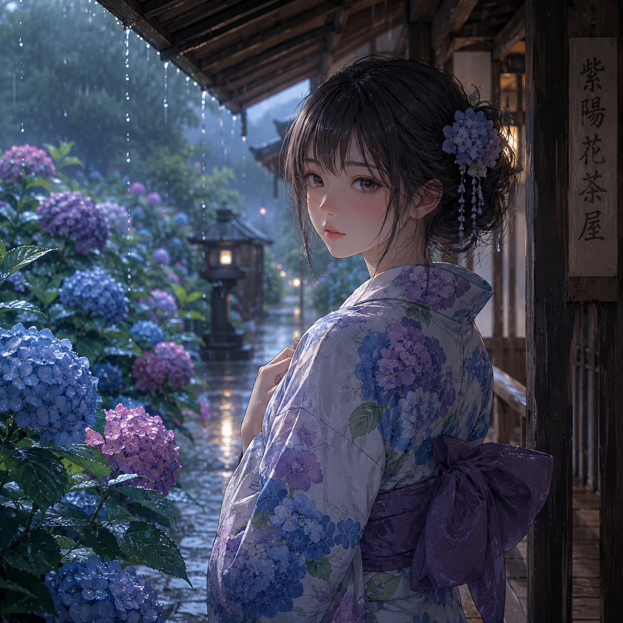 紫陽花の頃、雨宿り