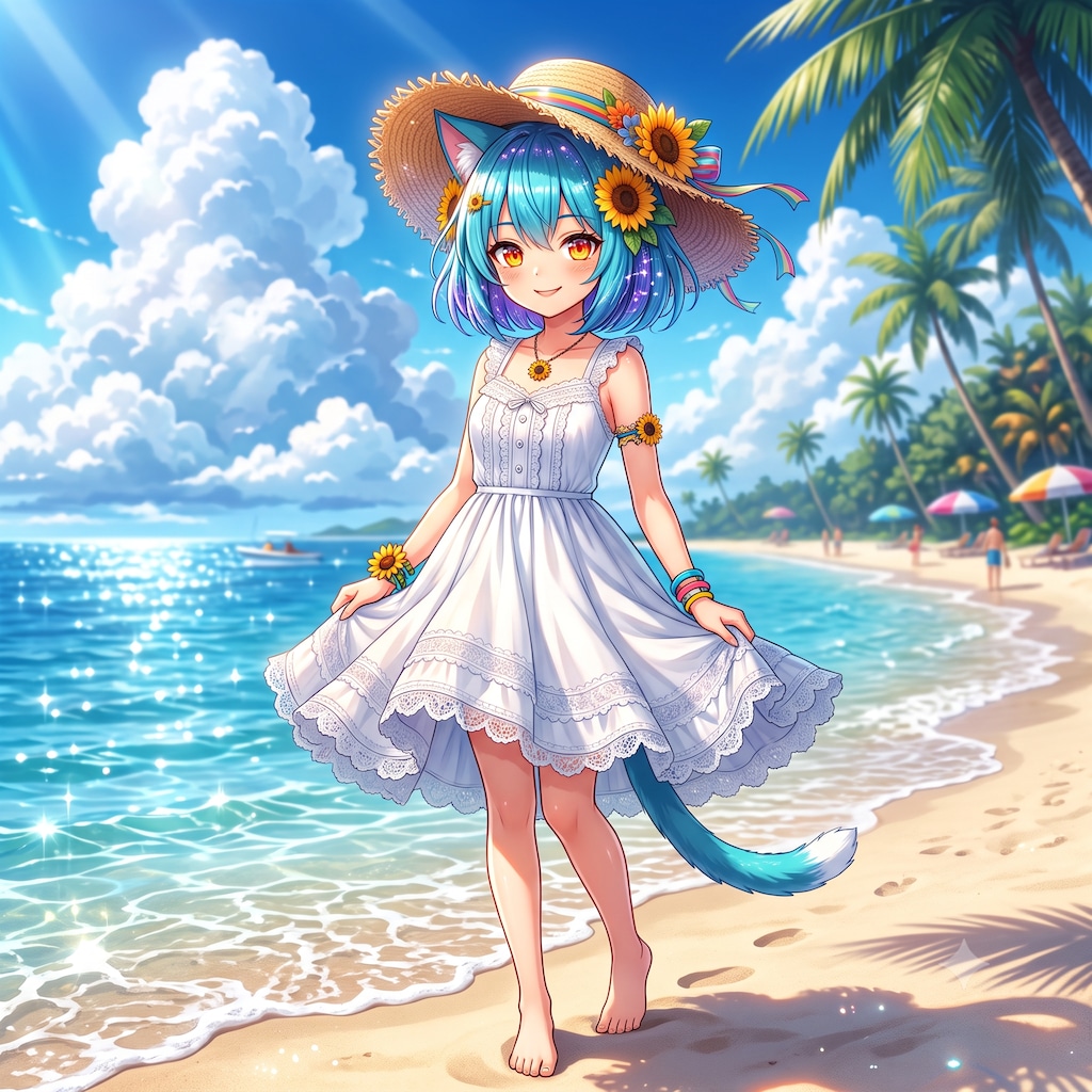 夏の浜辺にミケちゃん
