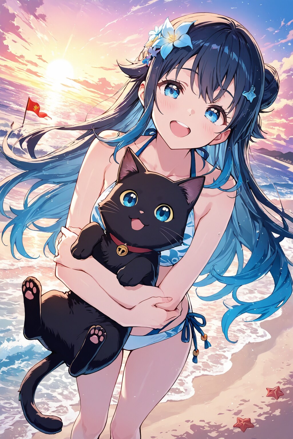 水着の砂浜の魔女と黒猫