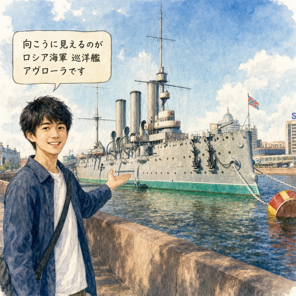 【日本の２０代の男性がロシア サンクトペテルブルクへ旅行】サンクトペテルブルク ネヴァ川に保存されている 1903年 就役の元ロシア海軍 巡洋艦アヴローラを紹介する。