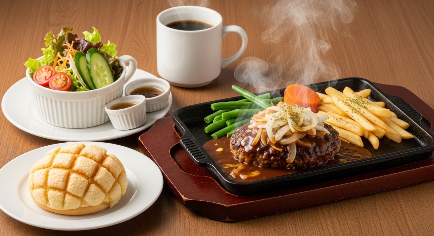 摩訶不思議食堂のハンバーグとメロンパンのセット | の人気AIイラスト・グラビア