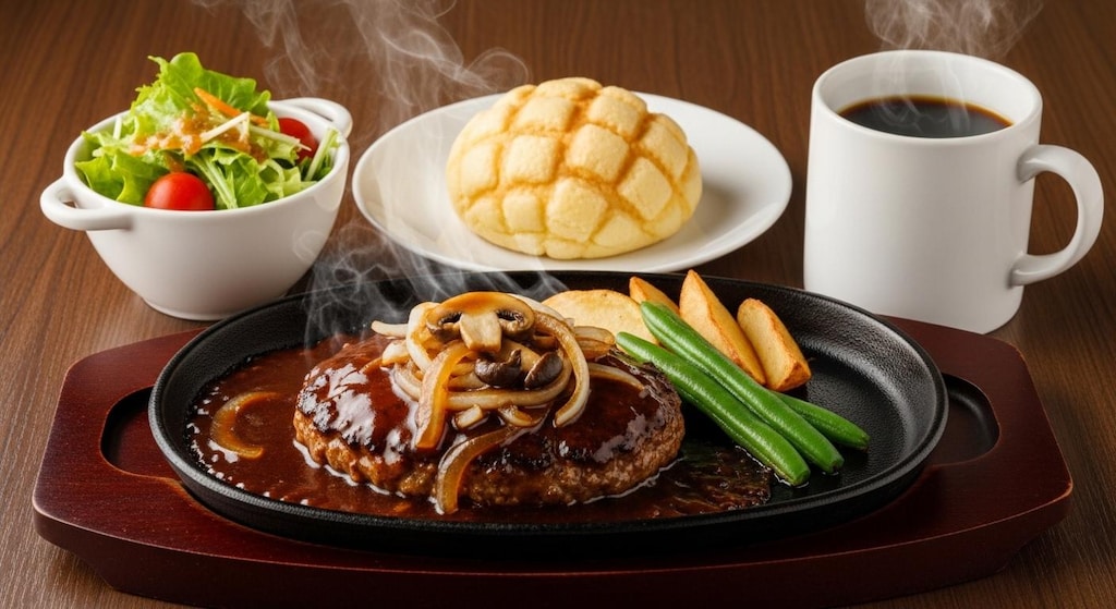 摩訶不思議食堂のハンバーグとメロンパンのセット
