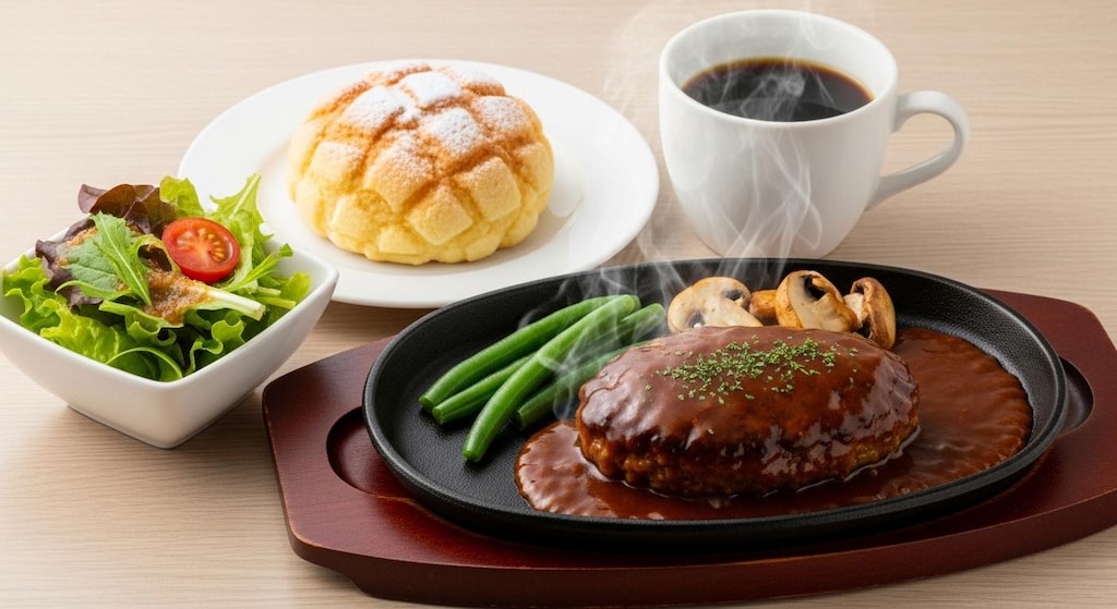 摩訶不思議食堂のハンバーグとメロンパンのセット