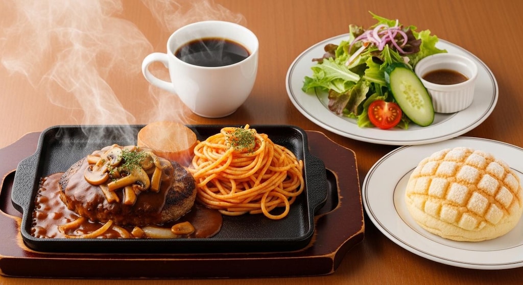 摩訶不思議食堂のハンバーグとメロンパンのセット