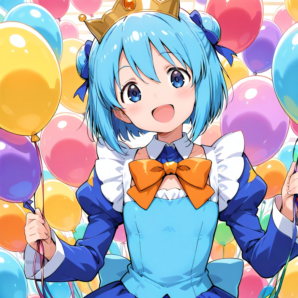 いっぱい風船を持つ青い髪ショートカットの美女アナウンサー?