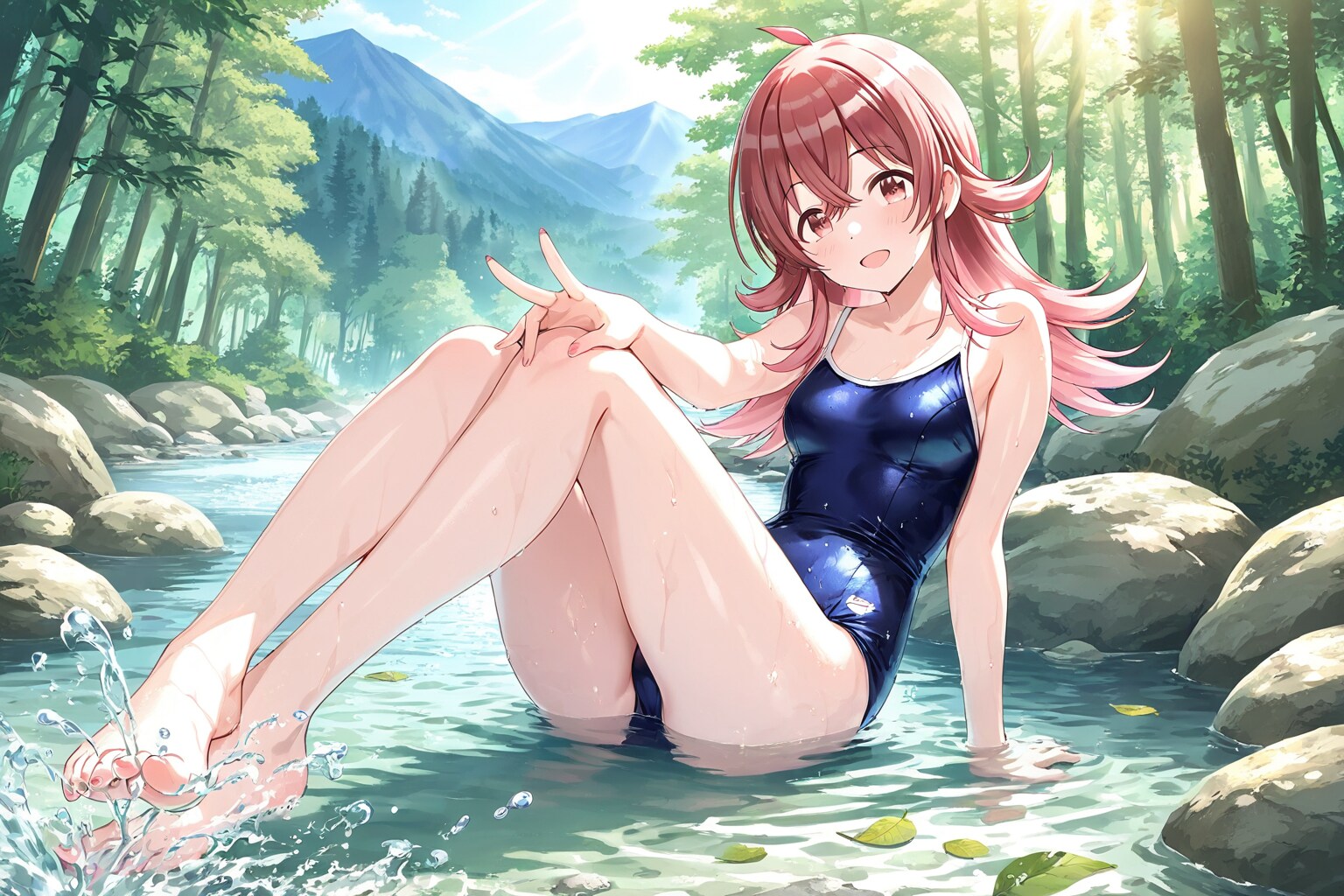 小宮果穂 渓谷の清流とスクール水着