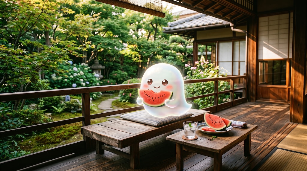 西瓜を楽しむお化けさん