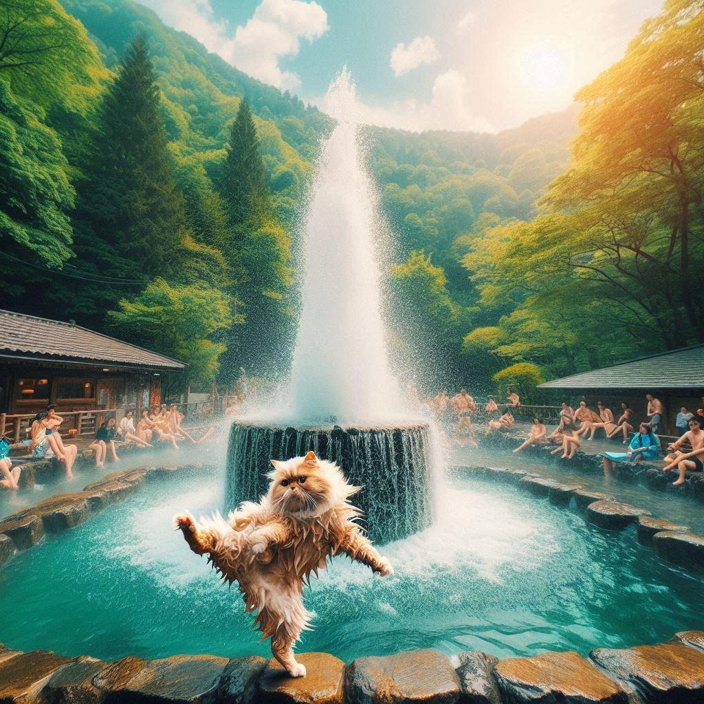 温泉に入る猫