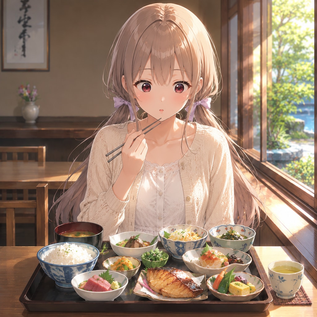 梢とランチ（４５）どれから箸をつけていいのか迷う。