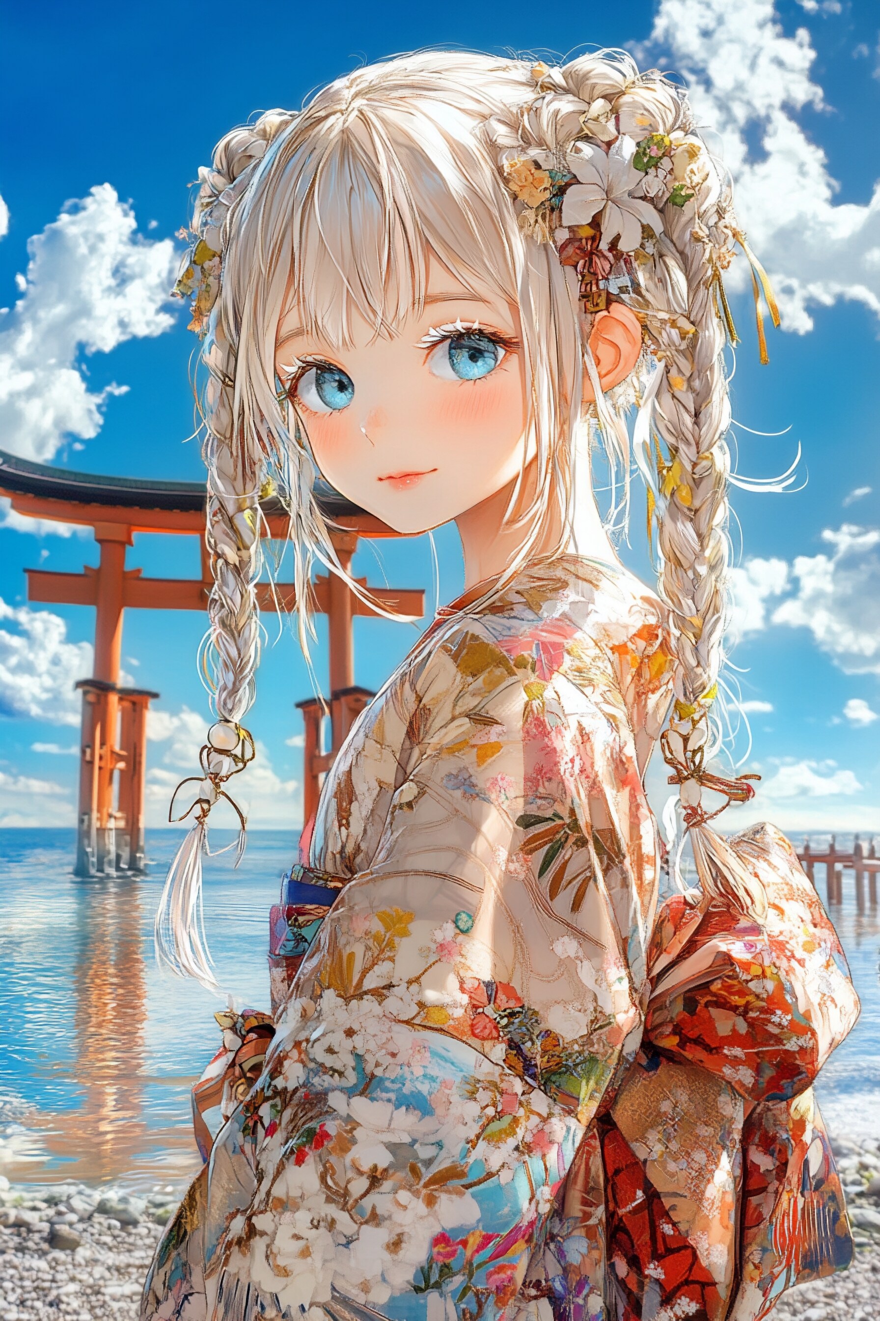 晴れやかなる青空と和装の少女
