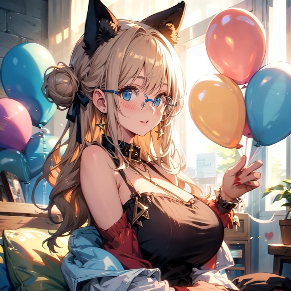 いっぱい風船を持つサンタ衣装着たブロンドお団子ヘアのメガネかけた美女