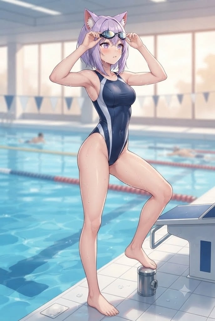 さてにゃ。ひと泳ぎしてみるかにゃ。競泳水着のシス