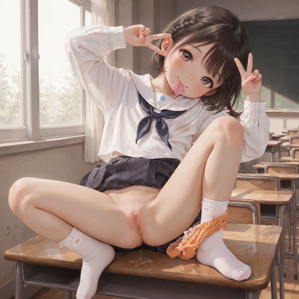 ゴム咥え蹲踞ピースで先生を誘惑 (12枚)