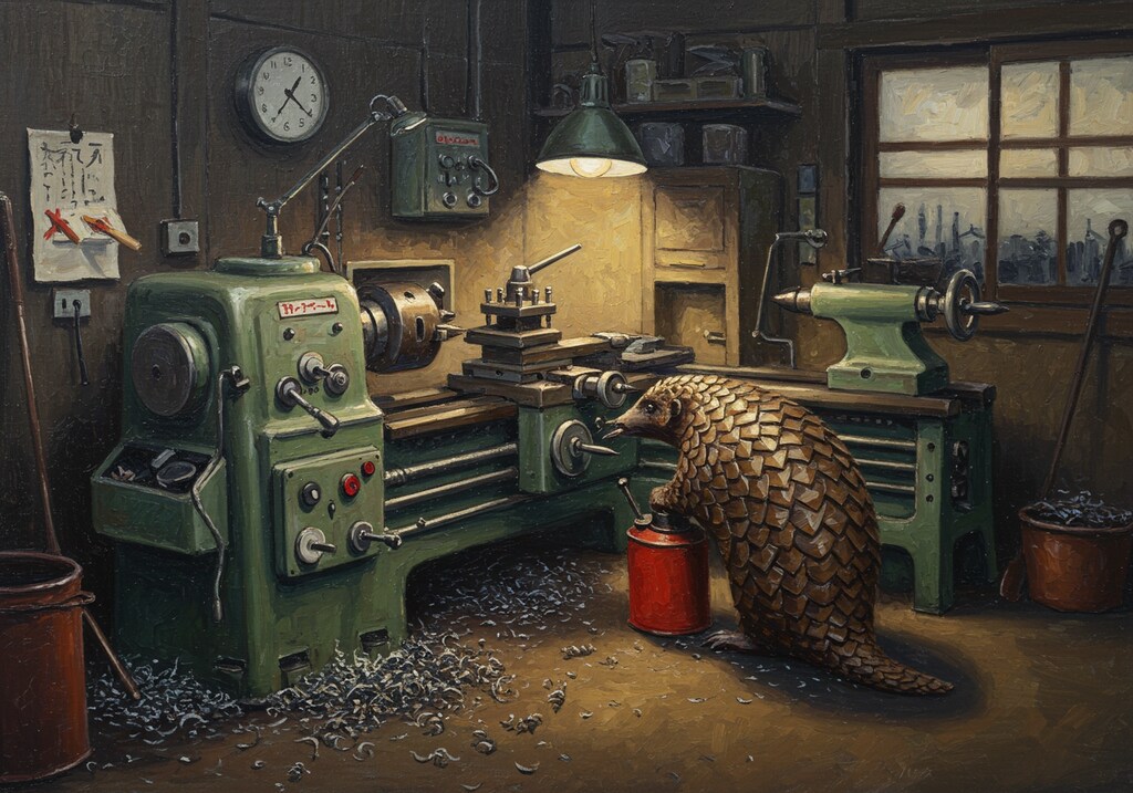 機械に給油する老旋盤工