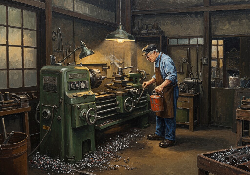 機械に給油する老旋盤工