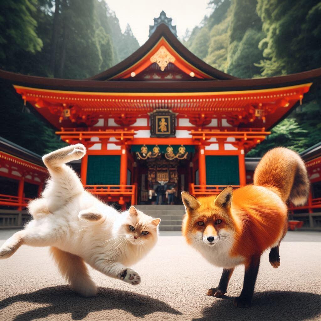 キツネに挑む猫