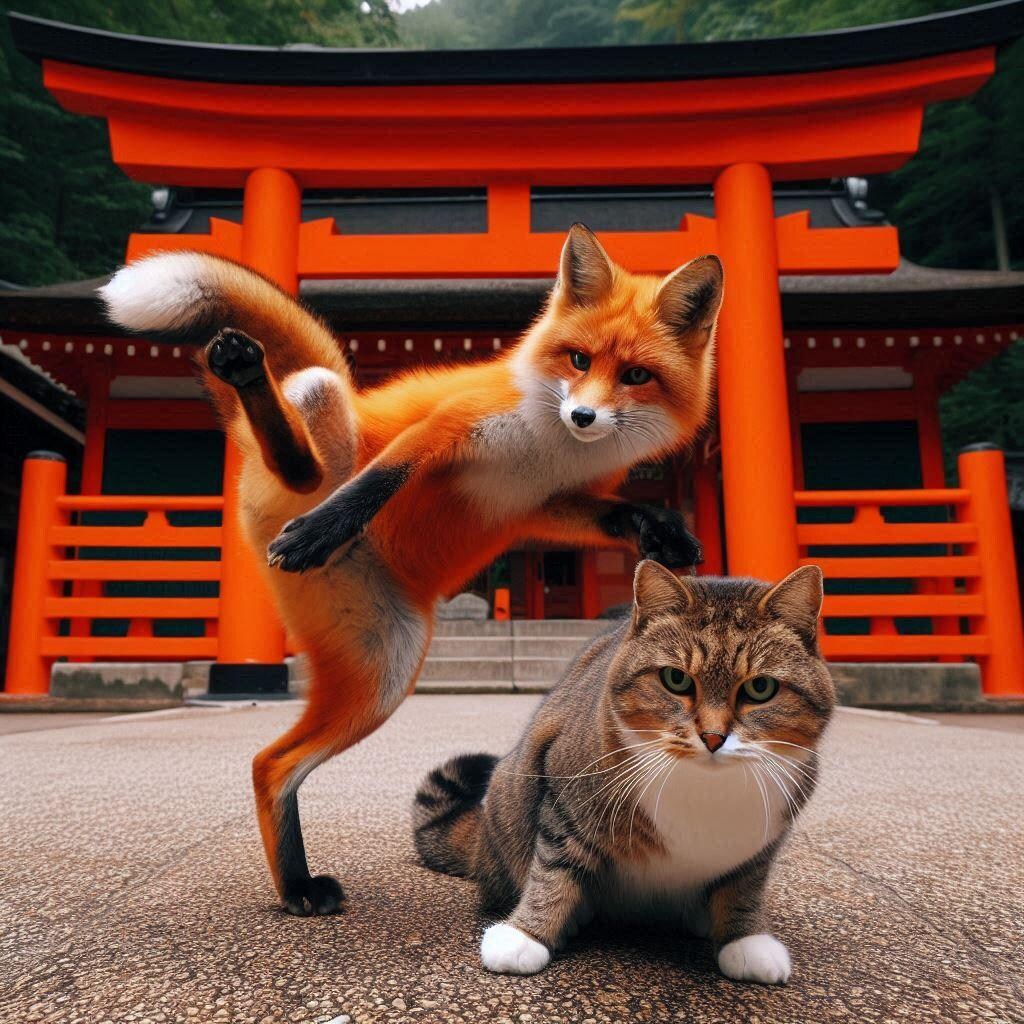 キツネに挑む猫