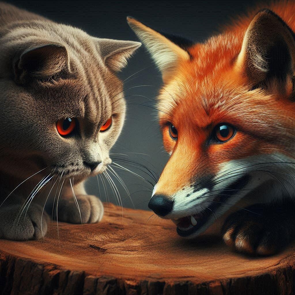 キツネに挑む猫