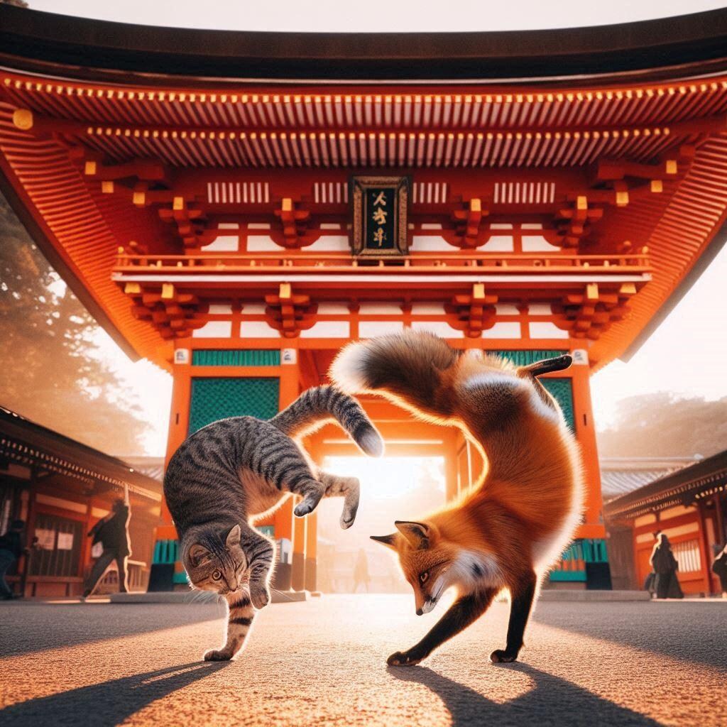 キツネに挑む猫