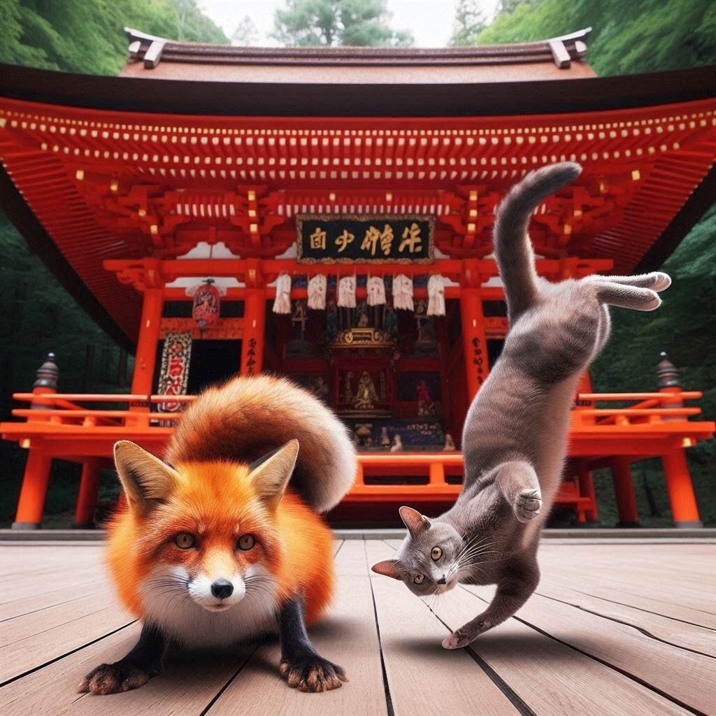 キツネに挑む猫