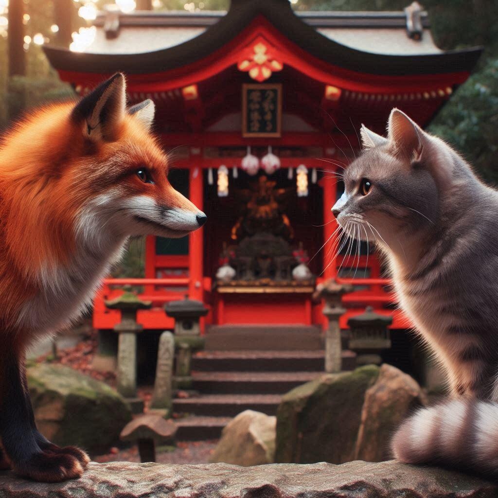 キツネに挑む猫