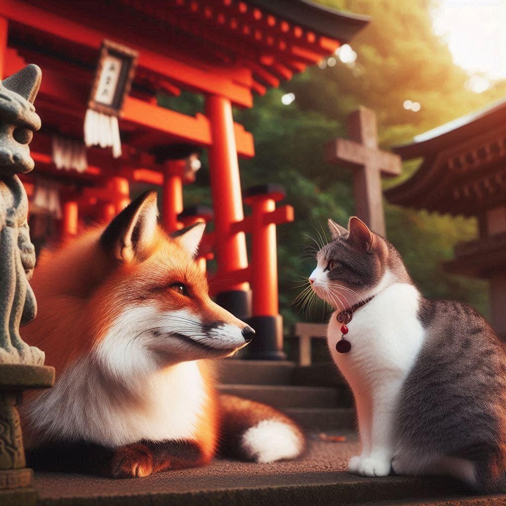 キツネに挑む猫