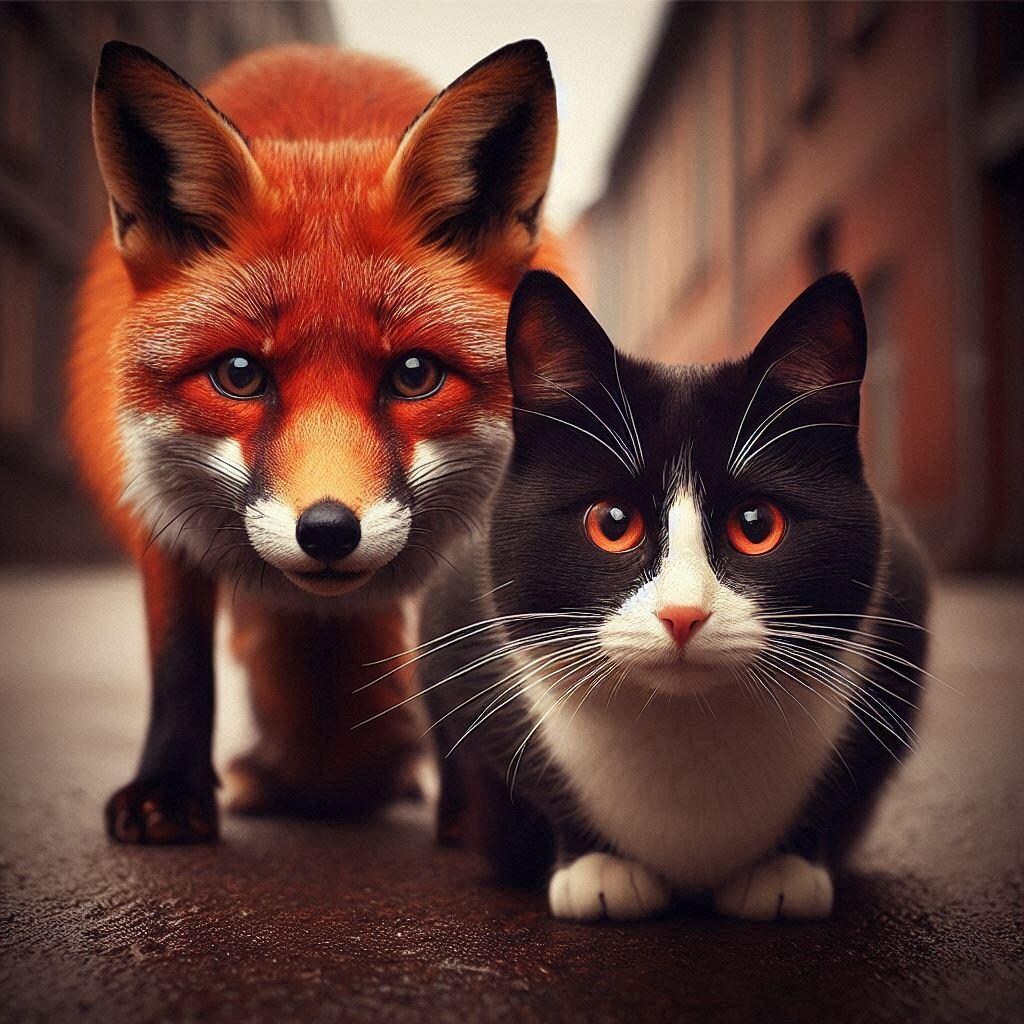 キツネに挑む猫