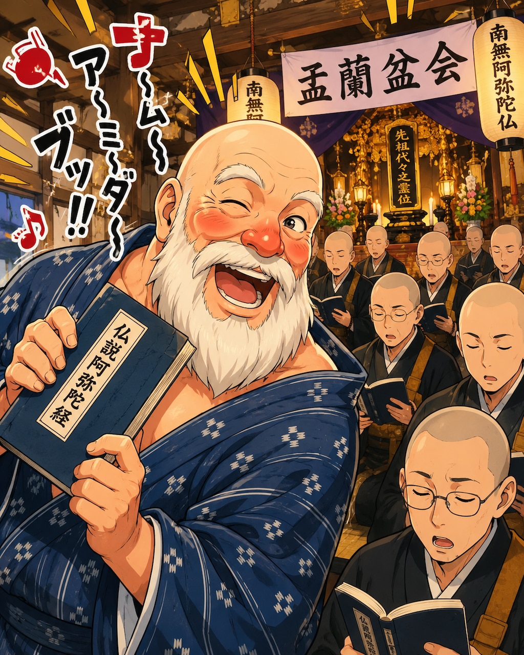 読経は真剣に！……ひとりだけ絶好調