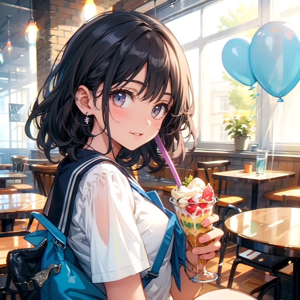 オシャレなカフェで風船を持つ黒髪のセーラー服の女子高生はパフェを食べている | の人気AIイラスト・グラビア