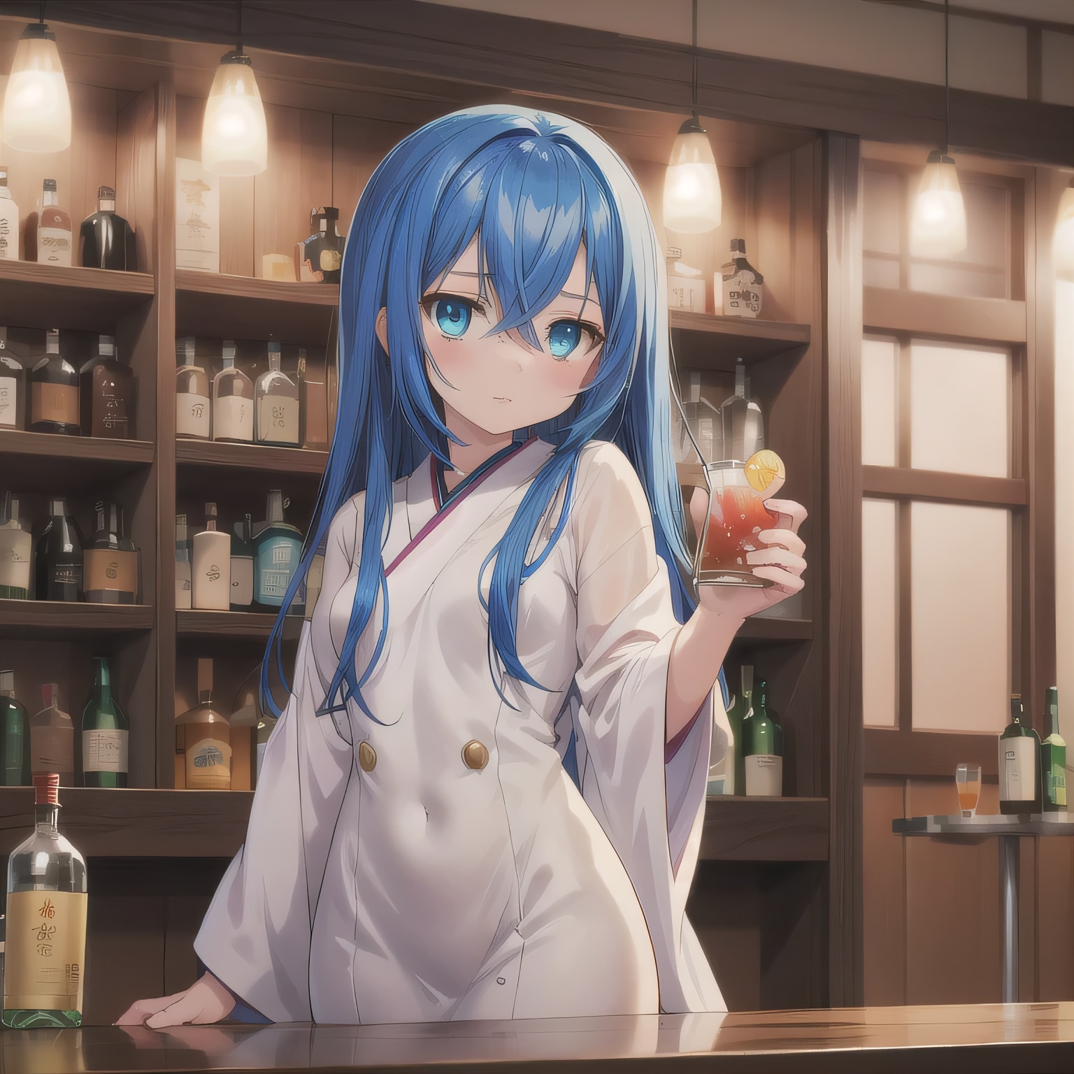 青髪ロングで酒場の少女 | の人気AIイラスト・グラビア