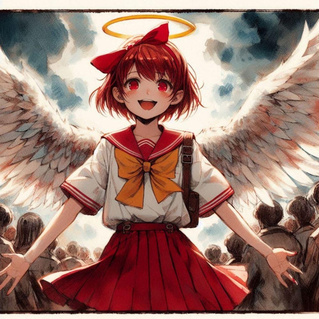 水墨画風、薔薇とタレ目制服天使少女