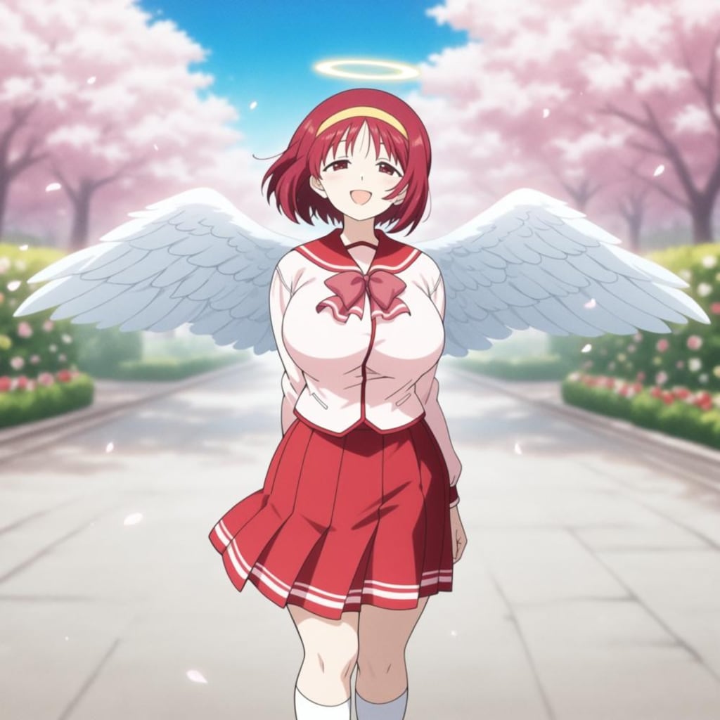 水墨画風、薔薇とタレ目制服天使少女