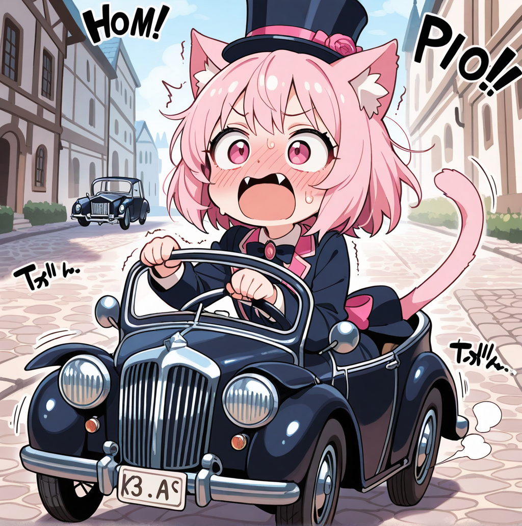 路面状態の良くない昔の道路でドライブをするねこ