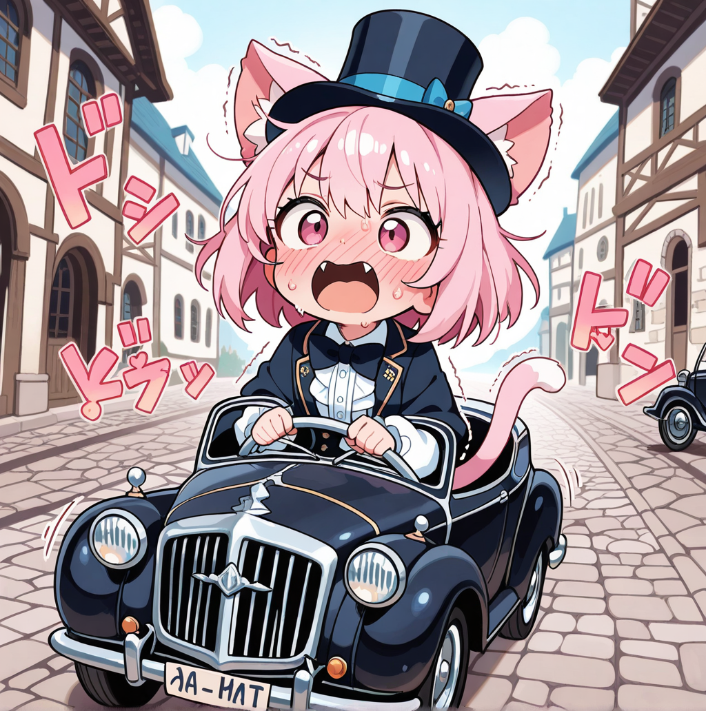 路面状態の良くない昔の道路でドライブをするねこ