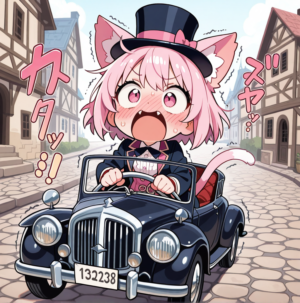 路面状態の良くない昔の道路でドライブをするねこ | の人気AIイラスト・グラビア