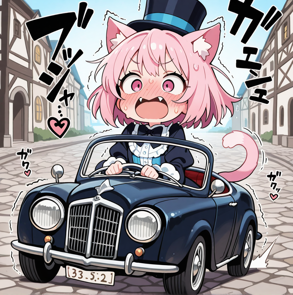 路面状態の良くない昔の道路でドライブをするねこ