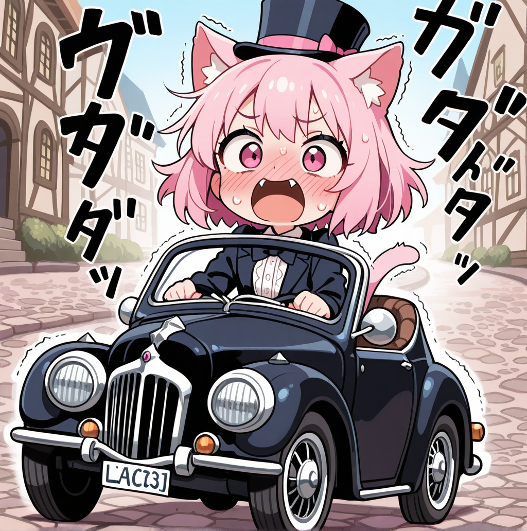 路面状態の良くない昔の道路でドライブをするねこ