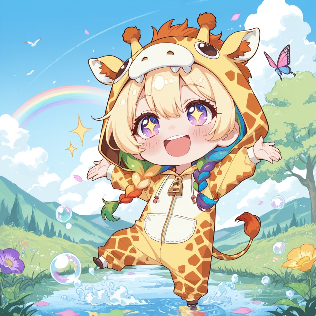虹とキリン着ぐるみちび子ちゃん
