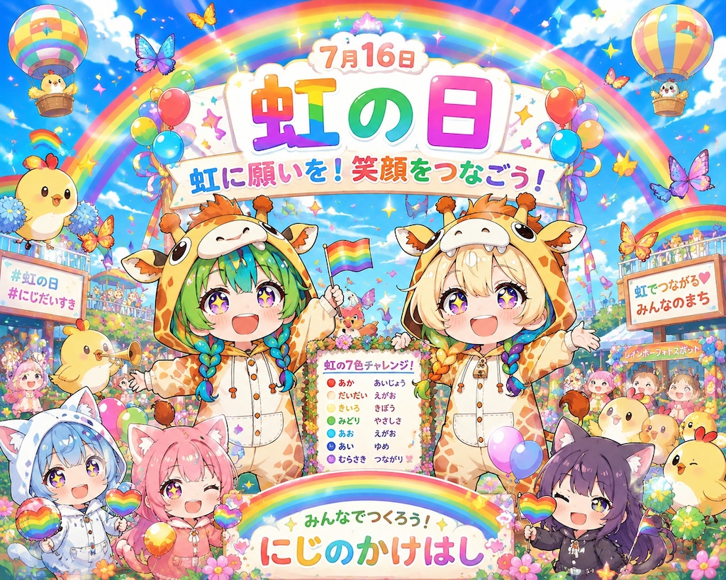 虹とキリン着ぐるみちび子ちゃん