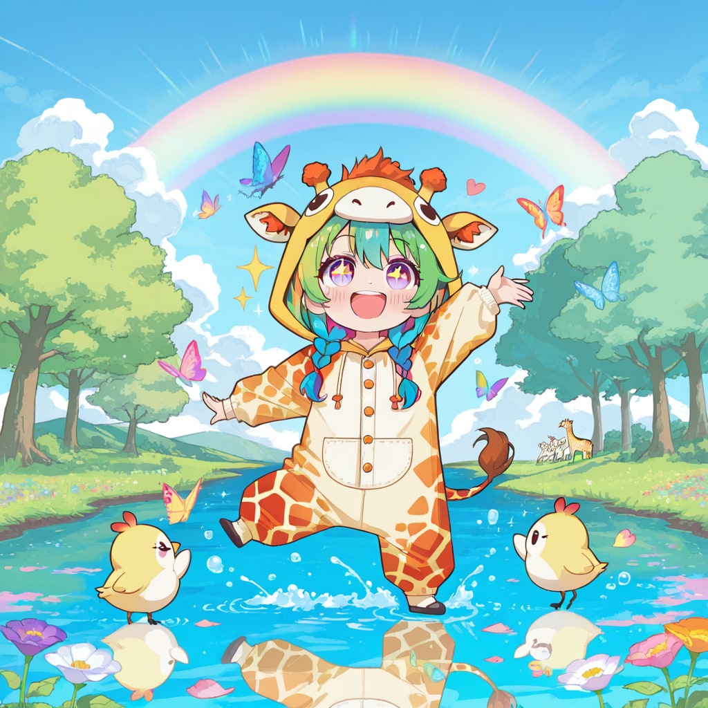 虹とキリン着ぐるみちび子ちゃん