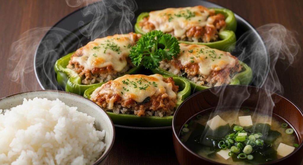 摩訶不思議食堂のピーマンの肉詰め定食