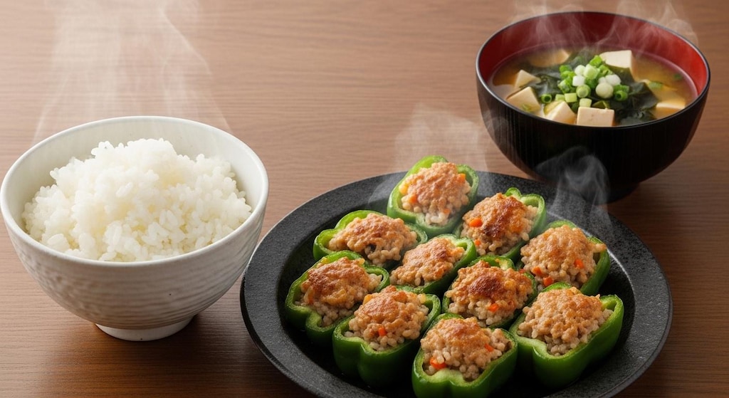 摩訶不思議食堂のピーマンの肉詰め定食