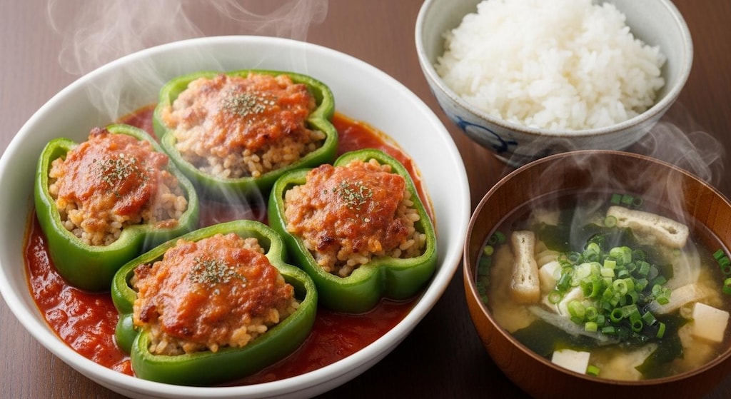 摩訶不思議食堂のピーマンの肉詰め定食