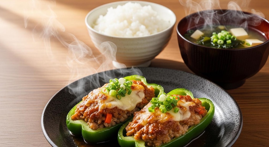 摩訶不思議食堂のピーマンの肉詰め定食